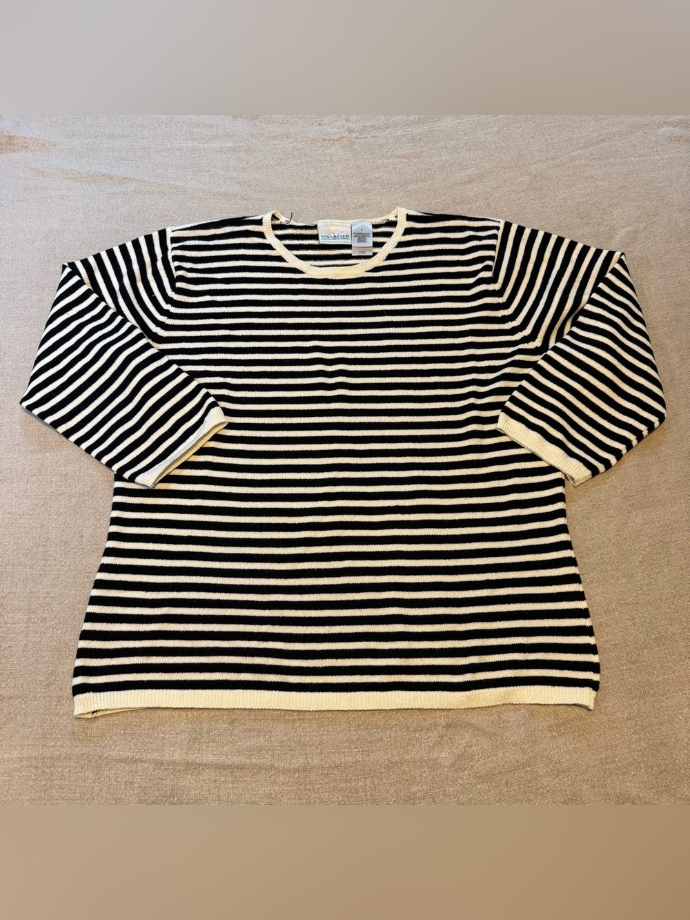 Black and Cream Striped Crewneck Sweater